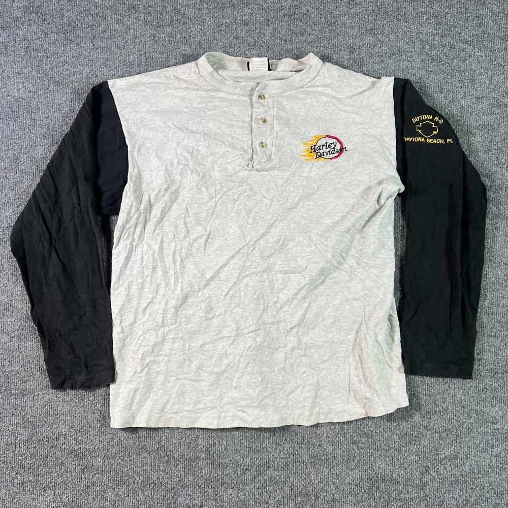 Vintage Harley Davidson Henley T-Shirt Men Large Gray Black Daytona Beach FL 90s